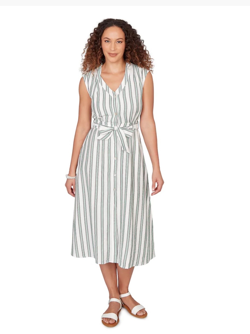 NWT Emaline White & Green Striped Button-Front Midi Dress - PM